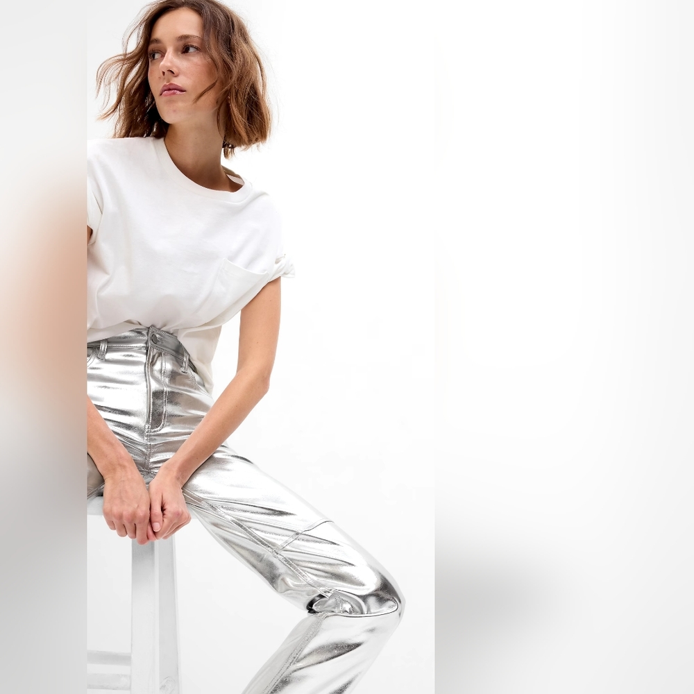 Women's Gap High Rise Faux-Leather Cheeky Straight Metallic Silver Jeans
